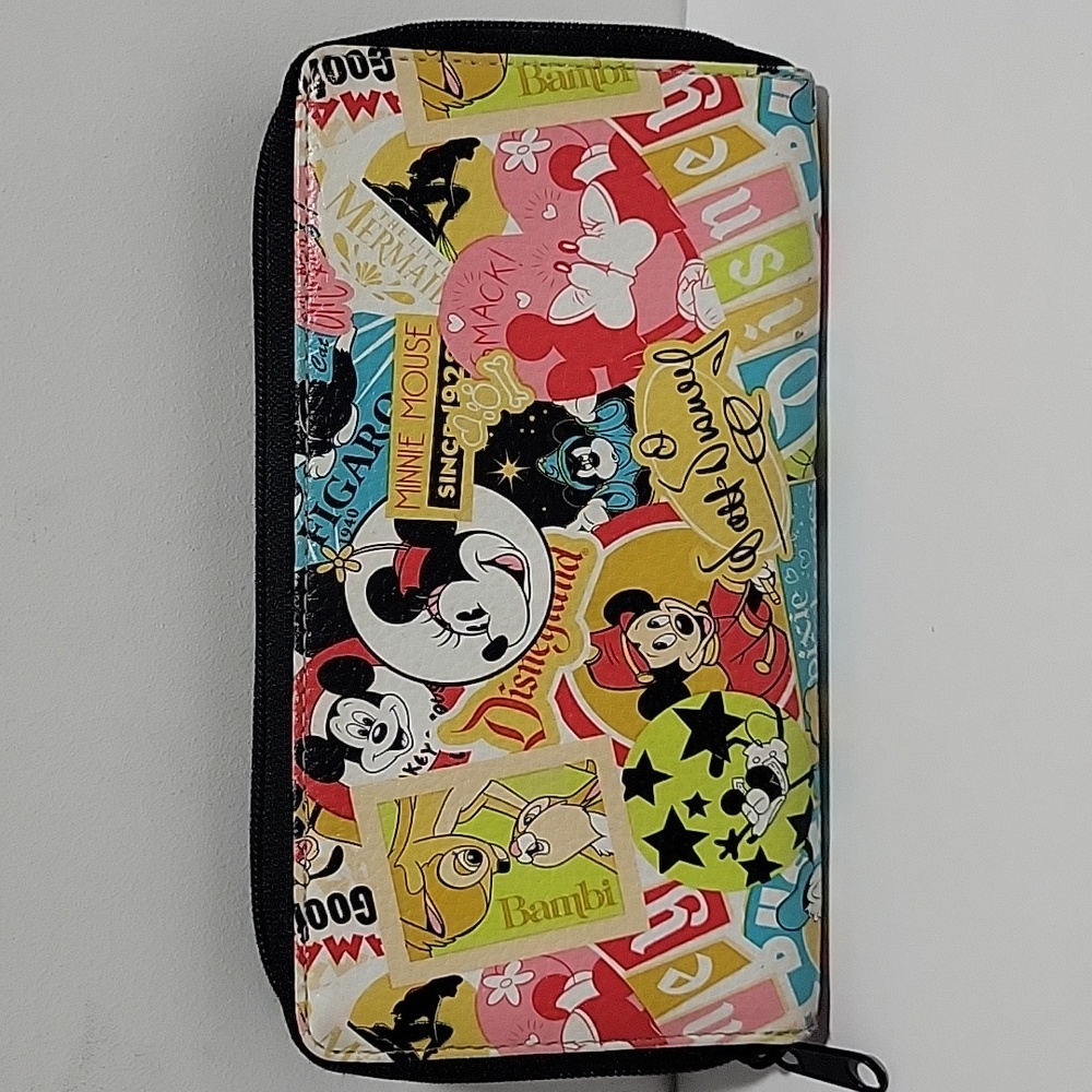 Disney Parks Classic Collage Zip Around Wallet Bambi Goofy Mickey Minnie Ariel